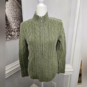Cambridge dry goods Women's Full Zip cable knit green angora blend sweater M